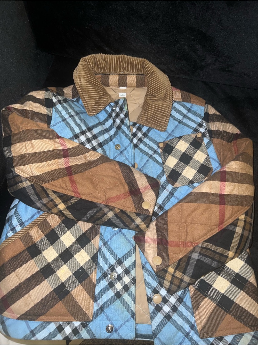 Burberry Multi-Color Quilted Plaid Pea Coat - Blue, Brown, Tan